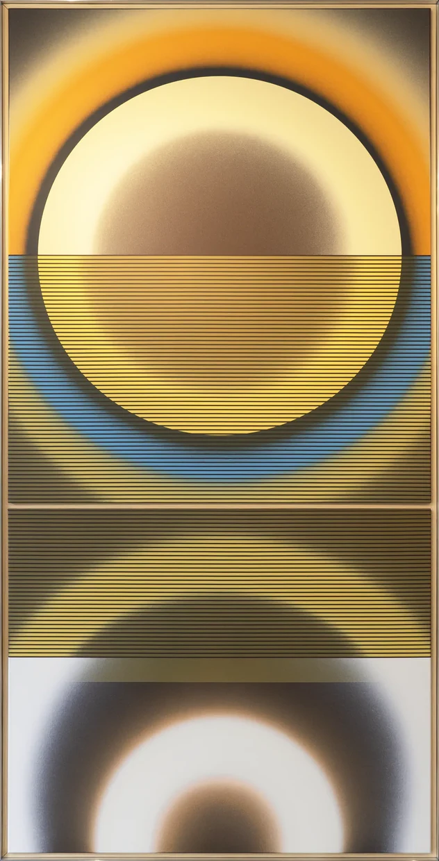 Pi Square Emanations diptych panel Hope with layered circular form and structural color tension